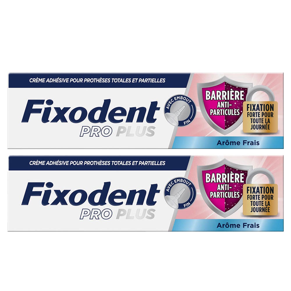 Fixodent Pro plus Crema adhesiva para prótesis totales y parciales frescor barrera antipartículas 2 x 35 g