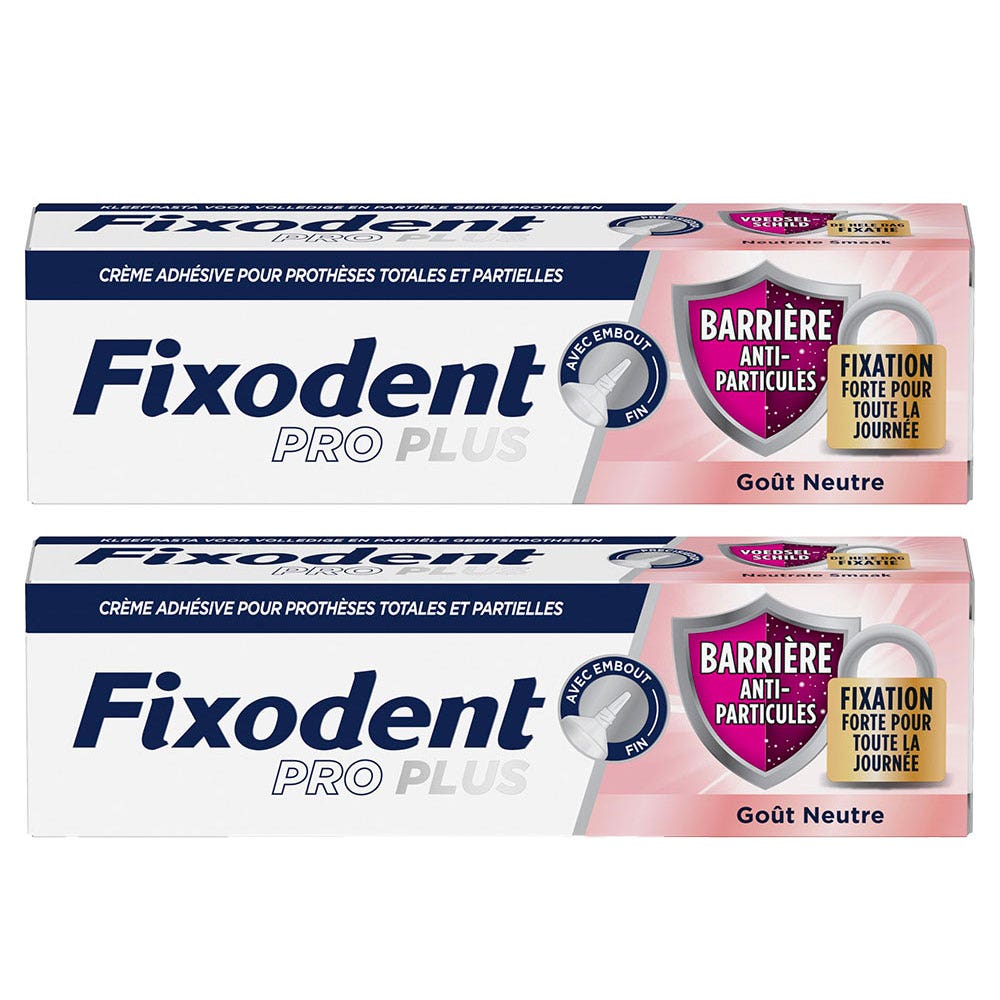 Fixodent Pro plus Crema adhesiva para prótesis totales y parciales barrera antipartículas 2 x 35 g