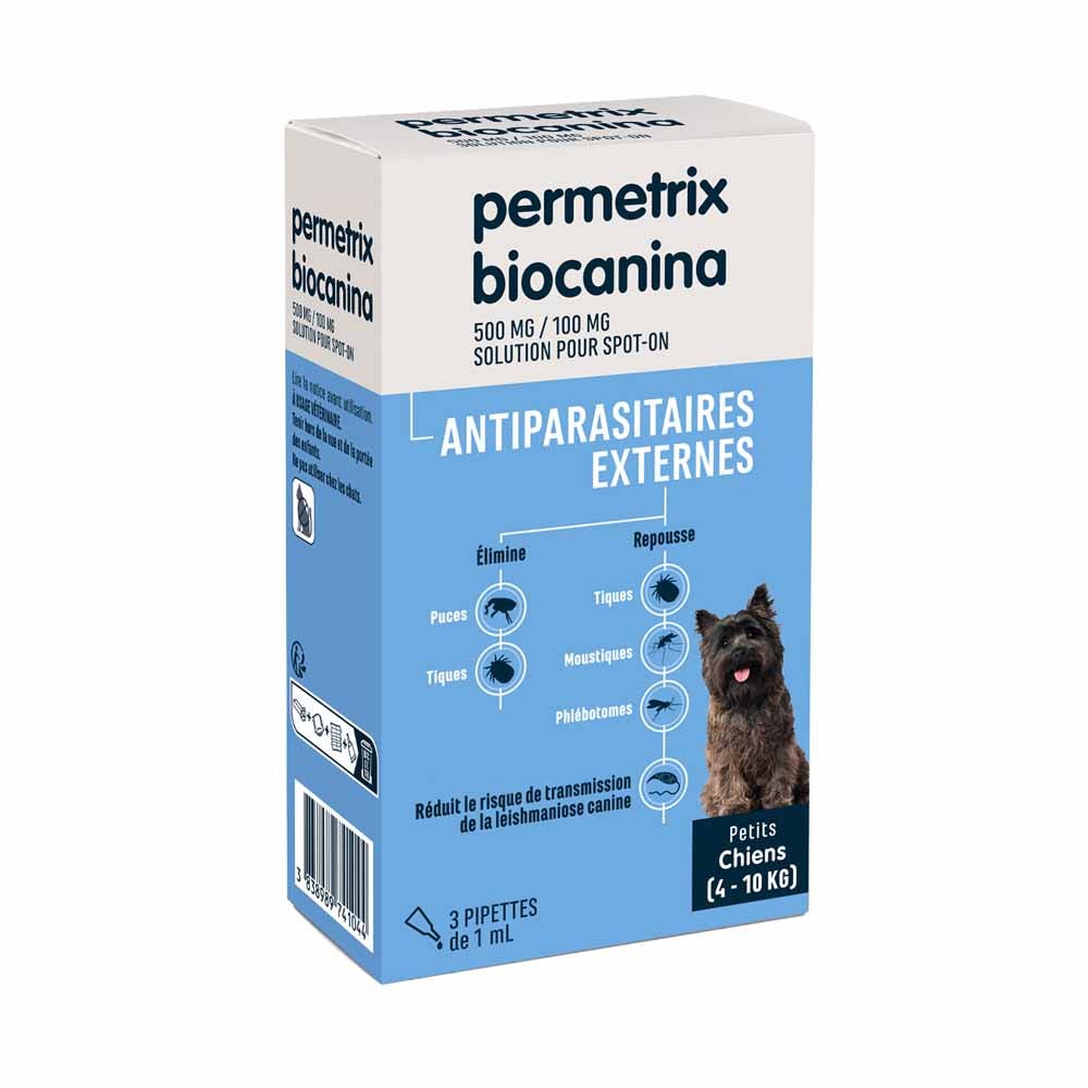 Biocanina Antiparasitario Externo Solución puntual para perros pequeños de 4 kg a 10 kg Permetrix 3 pipetas