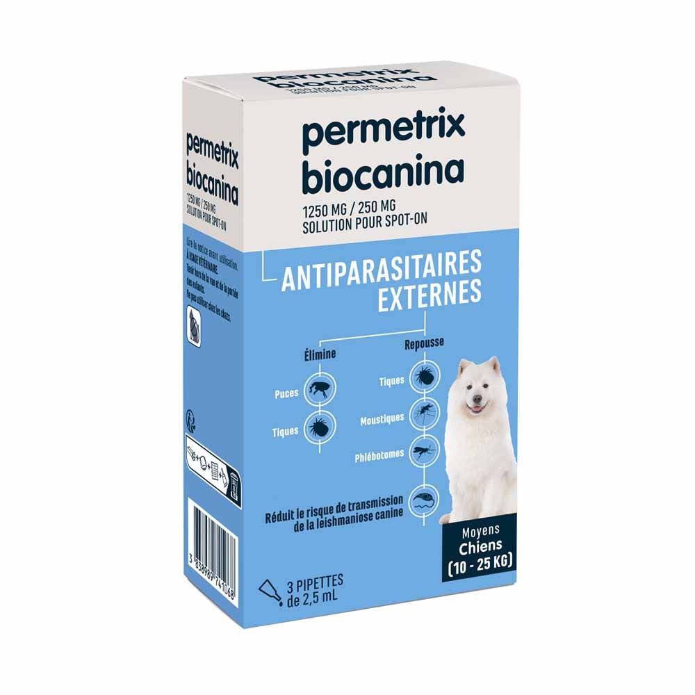 Biocanina Antiparasitario Externo Solución puntual para perros medianos de 10 kg a 25 kg Permetrix 3 pipetas