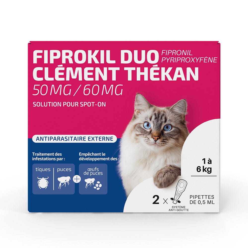 Clement-Thekan Fiprokil Dúo antipulgas y antigarrapatas para gatos Gatos de 1 a 12 kg 2 pipetas
