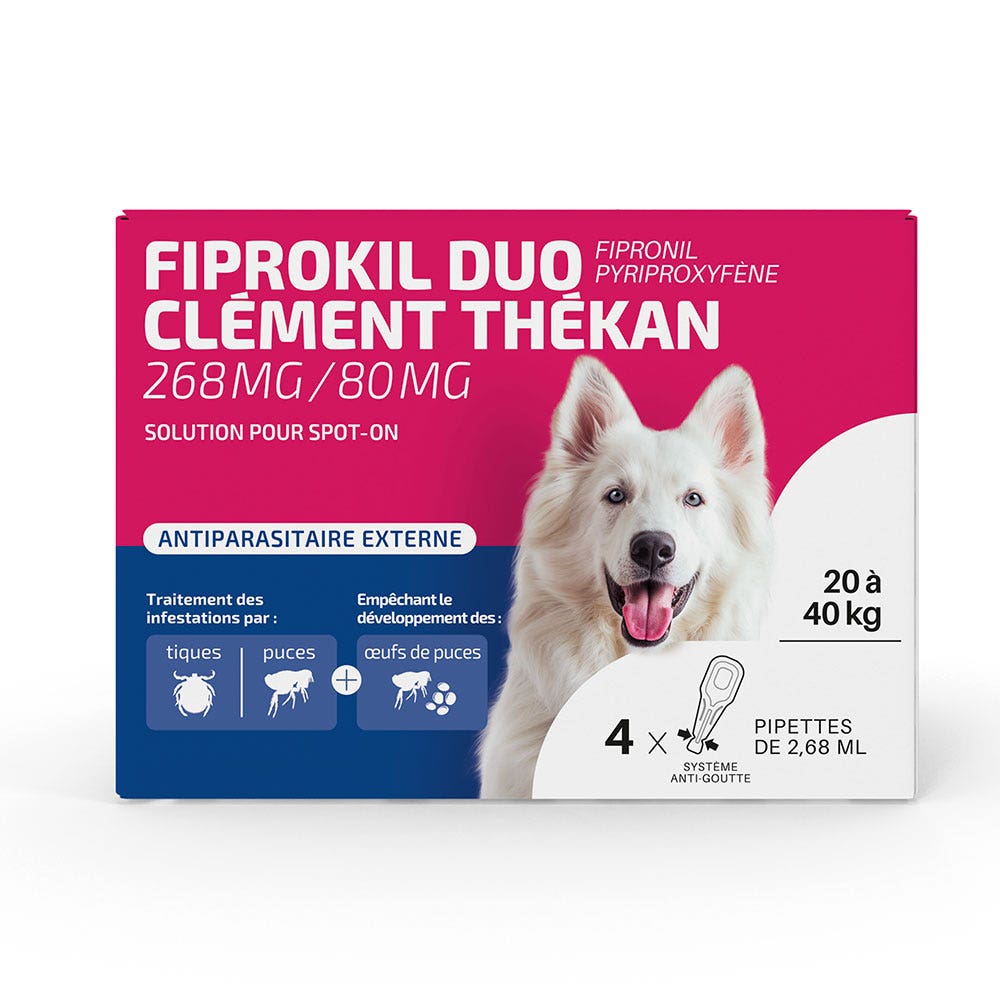 Clement-Thekan Fiprokil FIprokil Duo Control de Pulgas y Garrapatas para Perros 20-40kg 4 Pipetas Chien 10-20kg 2.68ml x4 pipetas