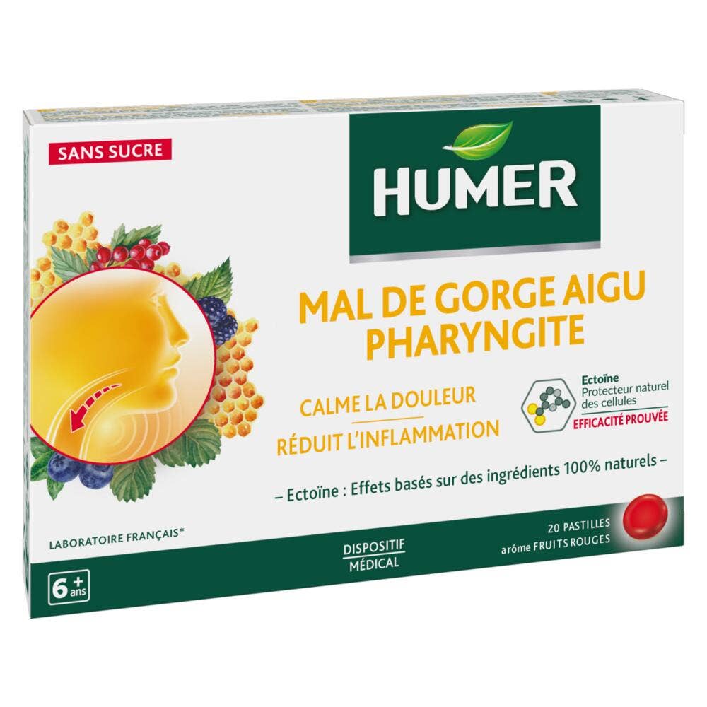 Humer Dolor de garganta agudo faringitis sabor frutos rojos 20 pastillas
