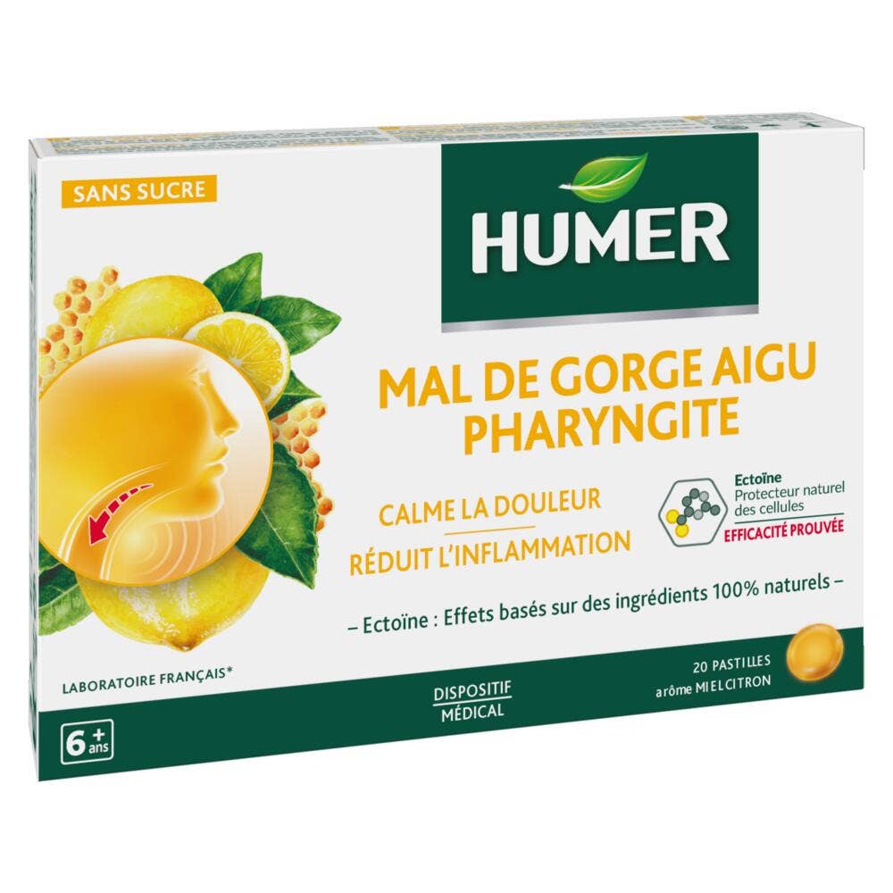 Humer Dolor de garganta agudo faringitis miel limón 20 pastillas