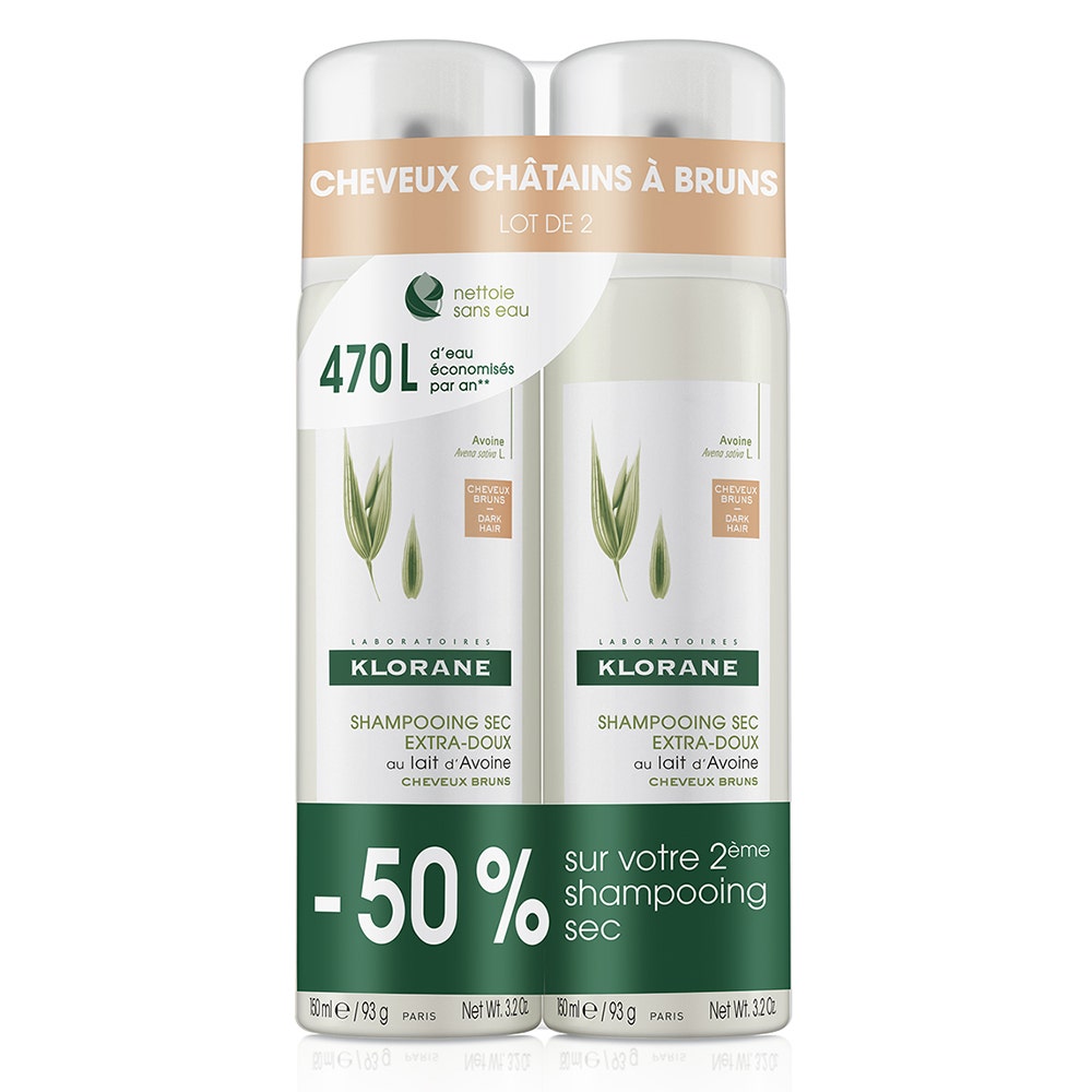 Klorane Leche de Avena Champú seco extra suave cabello castaño y moreno 2x150ml