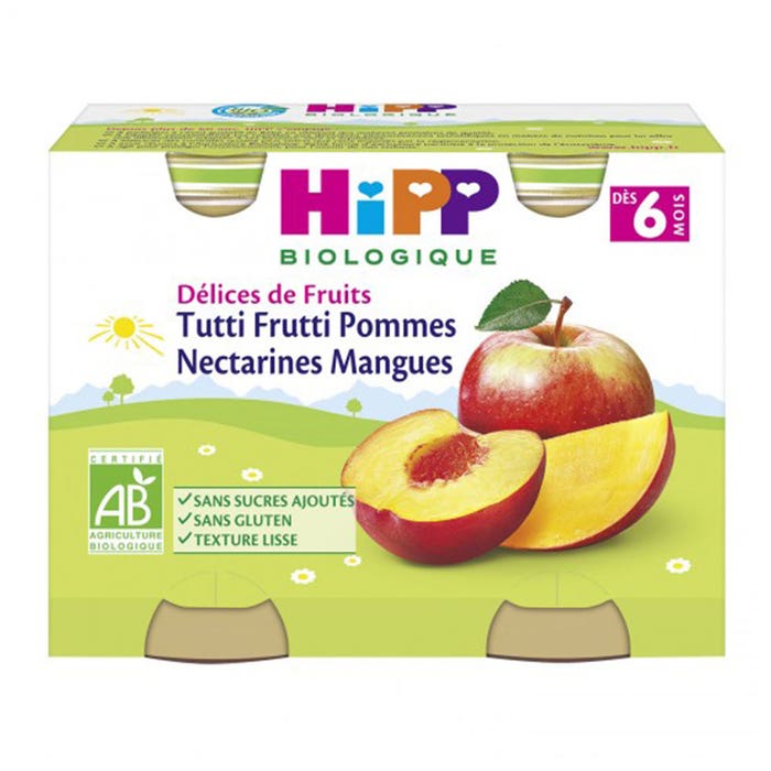 Hipp Pures De Frutas Tutti Frutti Manzanas Nectarinas Mangos Bio A Partir De 6 Meses 2x190g