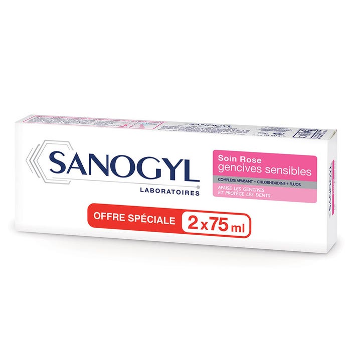 Pasta dentífrica Rosa 1500ppm Cuidado de las encías sensibles 2x75ml Sanogyl