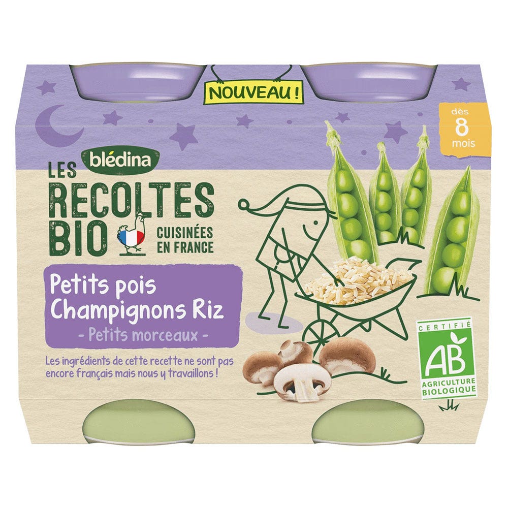 Blédina Cena bebé guisantes champiñones arroz bio 2x200g