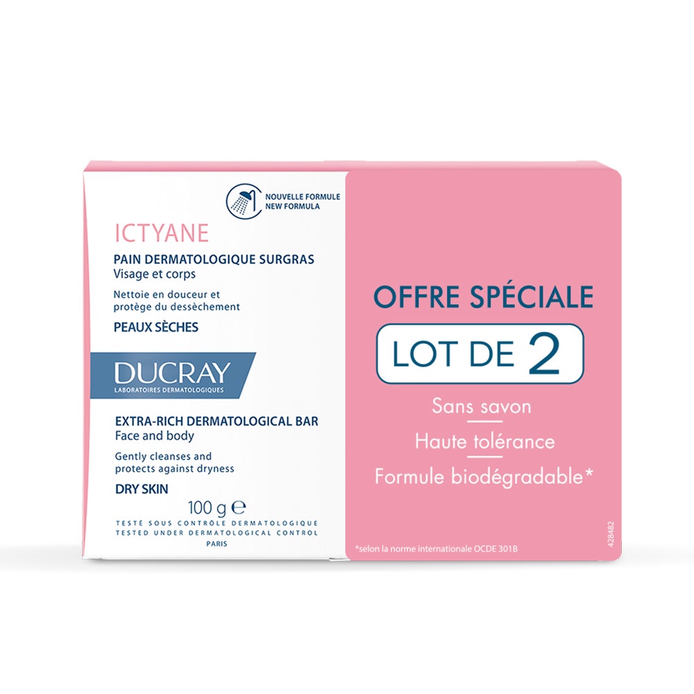 Ducray Ictyane Pastilla jabón dermatológico nutritivo rostro y cuerpo 2x100g