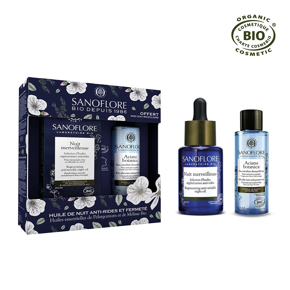 Sanoflore Merveilleuse Coffret huile sèche visage anti-rides Nuit certifiée bio 30ml + Mini eau micellaire Aciana Botanica 50ml Offert 80ml