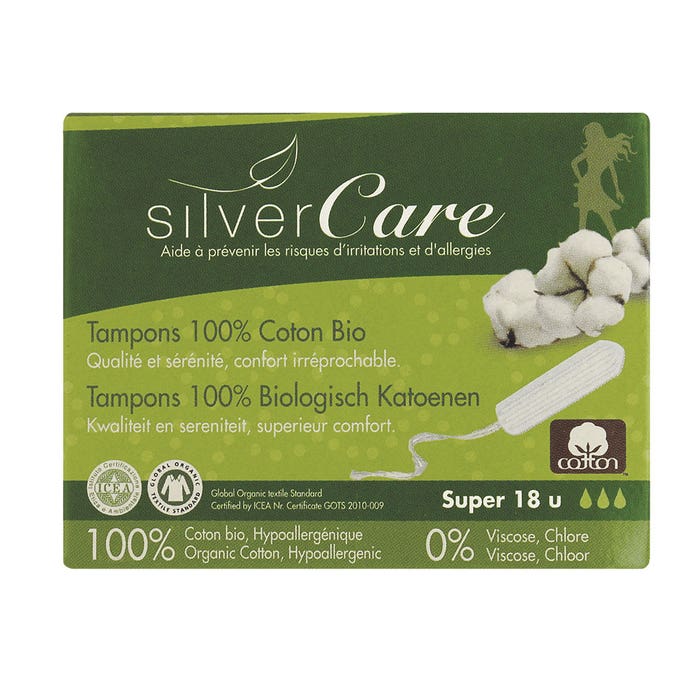 Almohadillas de algodón Bio Super x18 Sin aplicador Silver Care