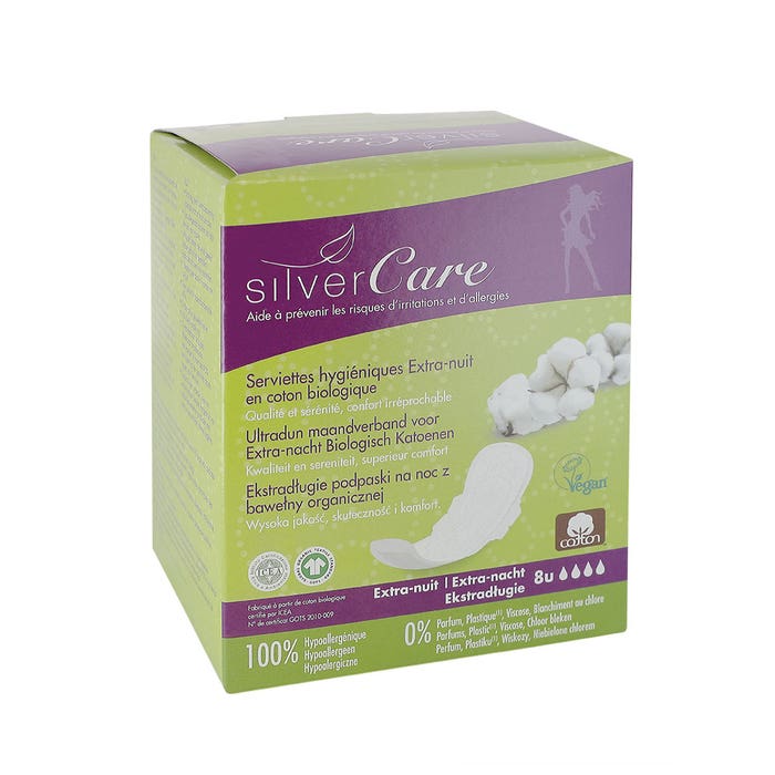 Toallas higiénicas nocturnas extra de algodón orgánico x8 Silver Care
