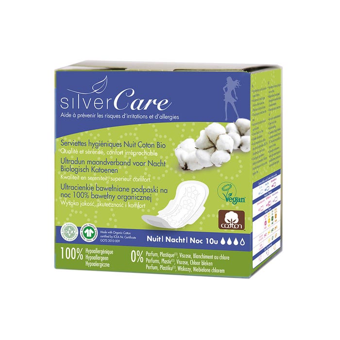 Toallas higiénicas nocturnas de algodón ecológico x10 Silver Care