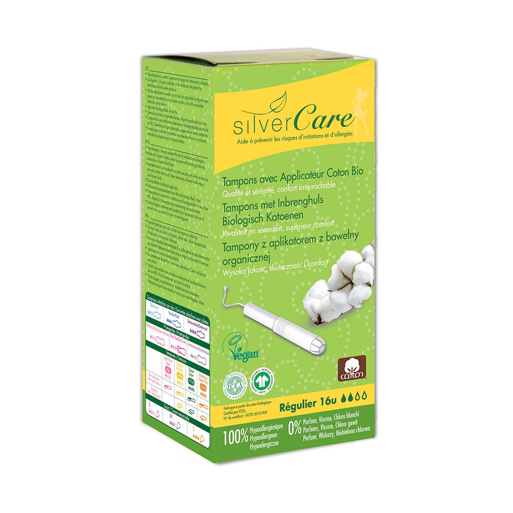 Silver Care Compresas normales de algodón orgánico con aplicador x16