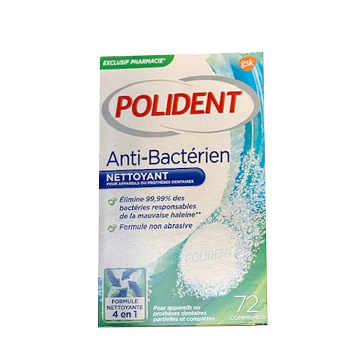 Limpiador antibacteriano 4 en 1 para aparatos dentales y dentaduras postizas 72 comprimidos Polident