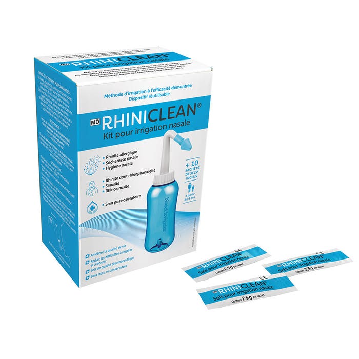 Rhiniclean Kit de irrigación nasal + 10 sobres de sales incluidos ducha nasal