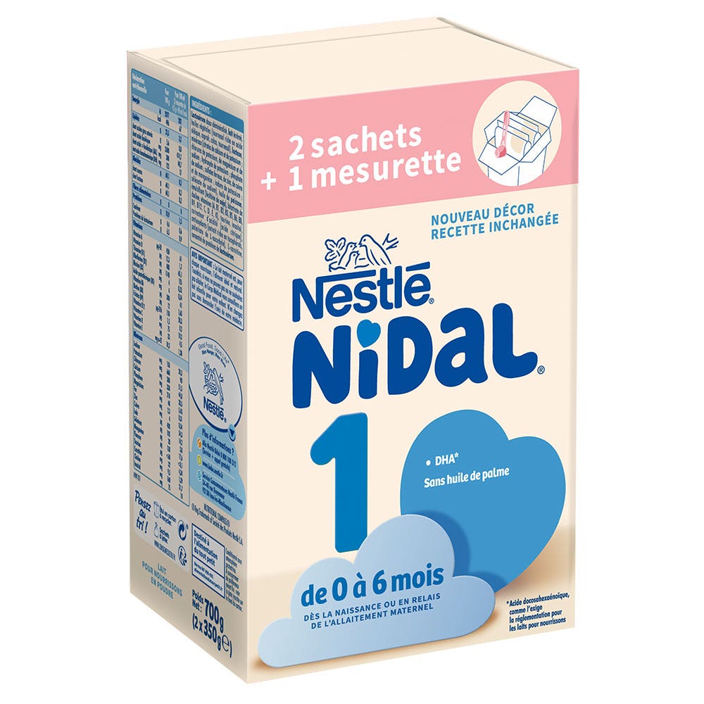 Nestlé Nidal Nidal 1 Leche En Polvo 0-6 Meses 2 Bolsitas + Dosificador 0-6 Mois 2 Sachets de 350g