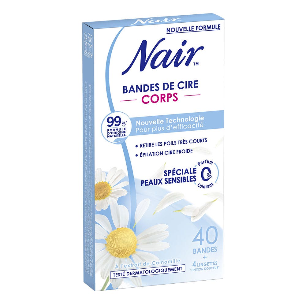 Nair Bandas de cera corporal Piel sensible 40 Bandas + 4 toallitas