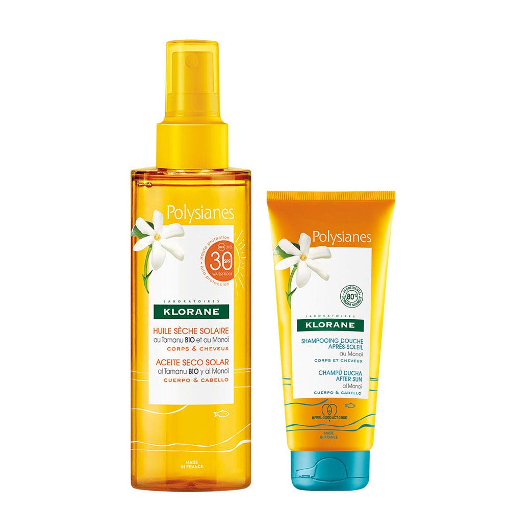 Klorane Polysianes Aceite solar seco SPF30 + Champú aftersun con Monoi gratis 150ml +75ml