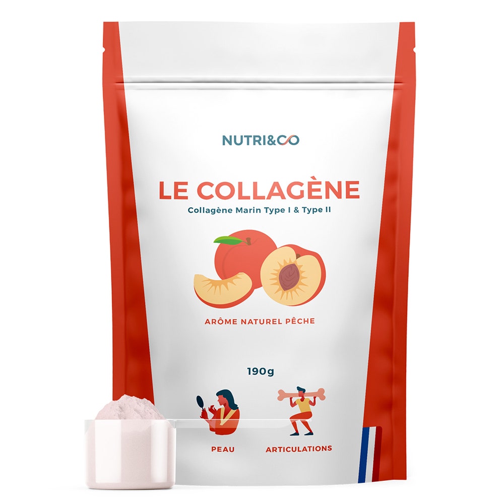 NUTRI&CO Colágeno marino patentado tipos 1 y 2 en polvo Piel firme sabor melocotón 190g